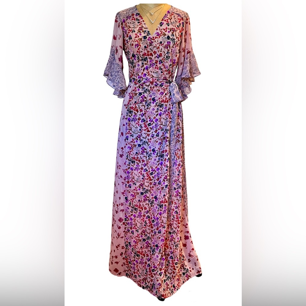 Lovestitch Pink Ruffled Floral Wrap Around Dress